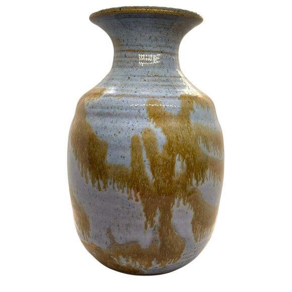 Vtg 1981 Hand-Thrown Studio Pottery Blue & Brown Drip Glaze Stoneware Vase 7.5" - Picture 2 of 14